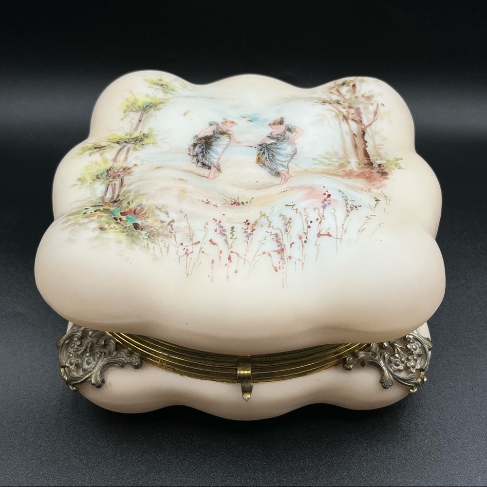 Antique C F Monroe Wave Crest Egg Crate Dancing Maidens Opaline Dresser Jar Box